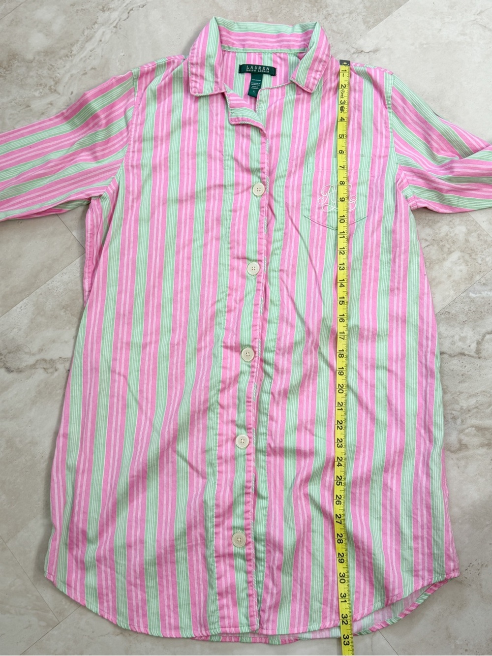 Lauren Ralph Lauren Pink Green Stripe Sleep Shirt Cover Up Large Resort Vacation - Picture 5 of 7